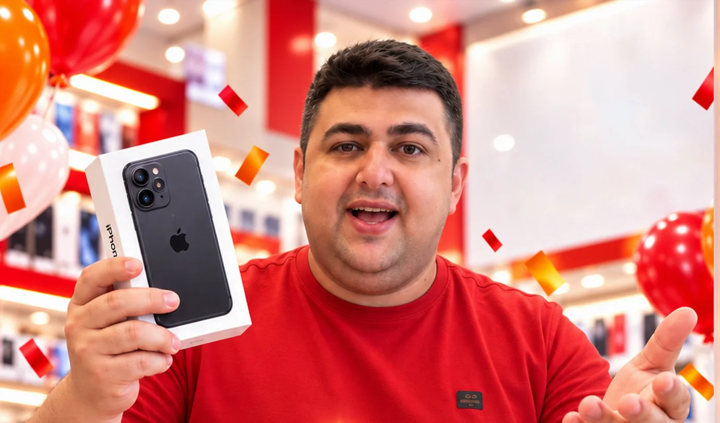 Carlinhos, dono da loja, segurando um iPhone na caixa
